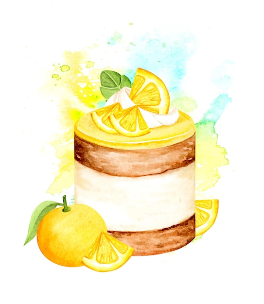 Bolo de frutas laranja em aquarela