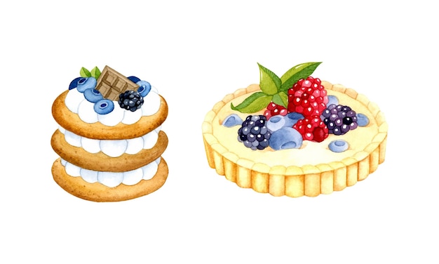 Bolo de frutas vermelhas e elementos em aquarela de tortinha de creme isolados
