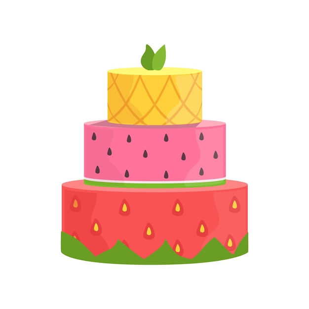 Vetor bolo de três camadas com morango melancia e abacaxi decorado grande ocasião especial festa sobremesa para casamento ou festa de aniversário