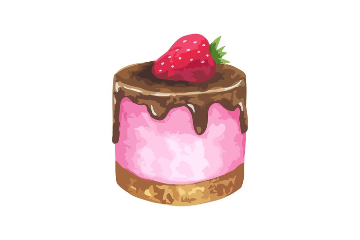 Vetor bolo de vetor rosa redondo com cobertura de morango e chocolate ilustração de pastelaria de comida em aquarela desenhada à mão para café de menu isolado no fundo branco