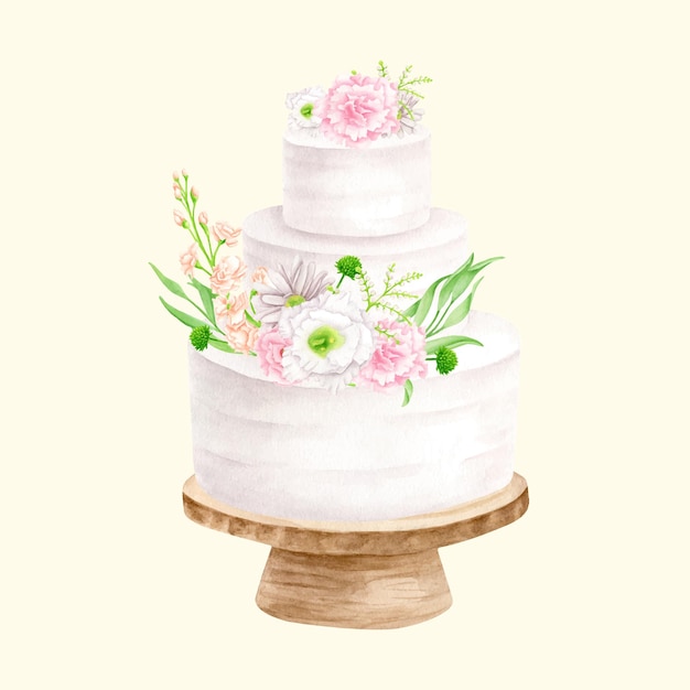 Bolo em camadas branco aquarela com flores Ilustração de bolo de casamento