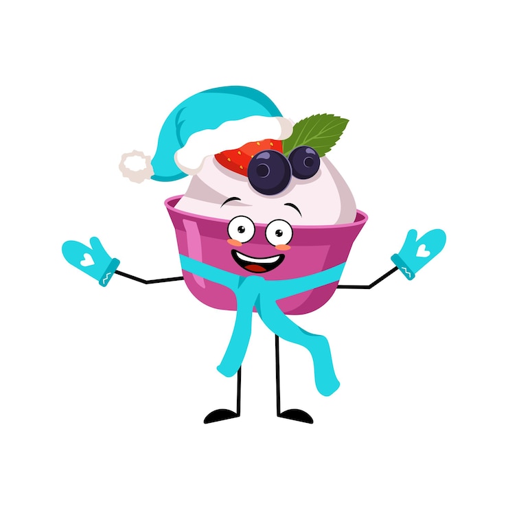 Vetor bolo ou iogurte personagem de papai noel com emoção feliz, rosto alegre, sorria olhos, braços e pernas com lenço e luvas. pessoa de comida doce com expressão para o natal e ano novo