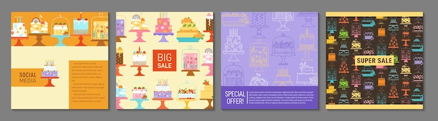 Bolos de aniversário capa moderna ou design de cartão quadrado conjunto delicioso planejador de caderno de página de padaria doce