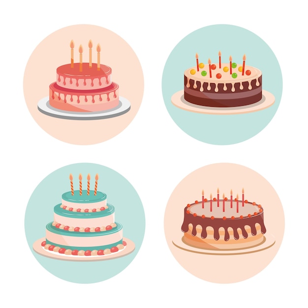 Bolos de aniversário com velas e deliciosas ilustrações de creme