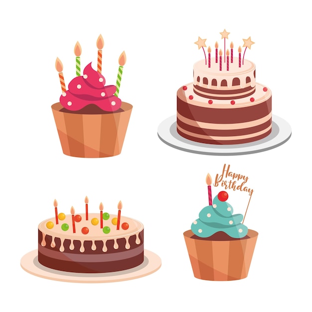 bolos de aniversário e velas de cupcakes letras de celebração e ilustração de decoração