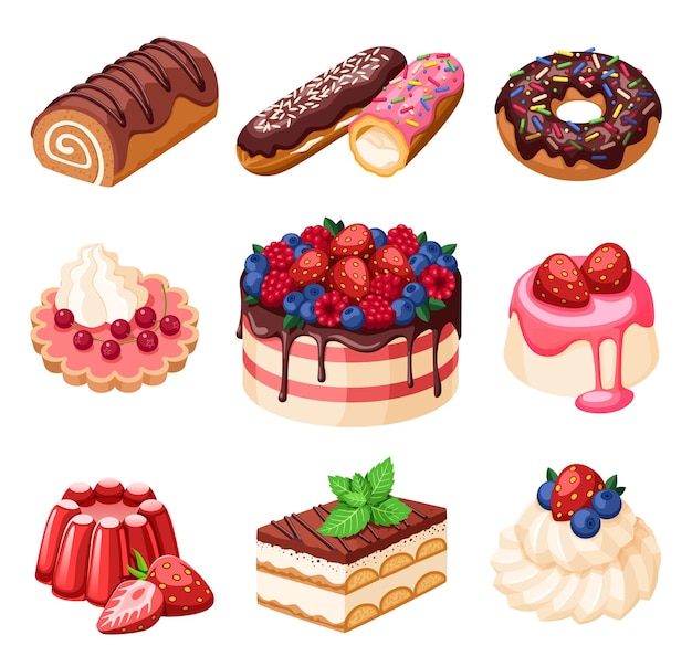 Vetor bolos doces dos desenhos animados bolo de frutas 3d isolado cupcake fresco sobremesa de aniversário muffin cremoso e padaria café ou cafeteria objetos vetoriais berrantes