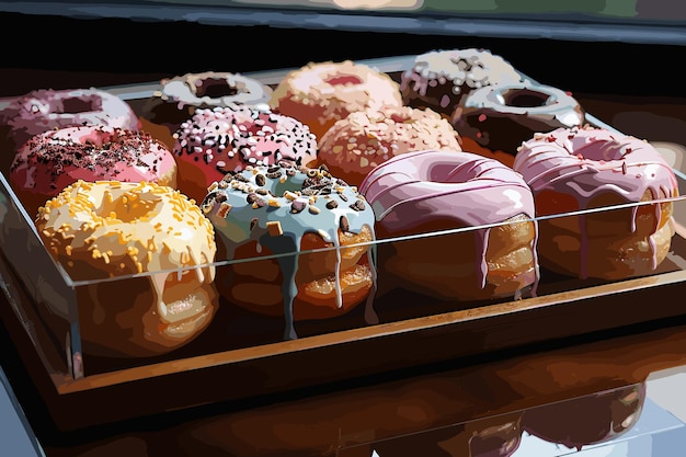 Vetor bolos e donuts no balcão da confeitaria onde o chef está cozinhando