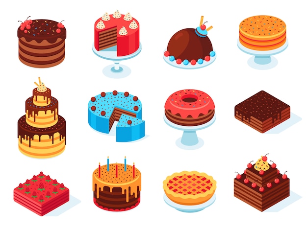 Bolos isométricos, fatia de bolo de Chocolate, torta deliciosa em fatias de aniversário e bolo saboroso esmalte rosa isolado conjunto 3d