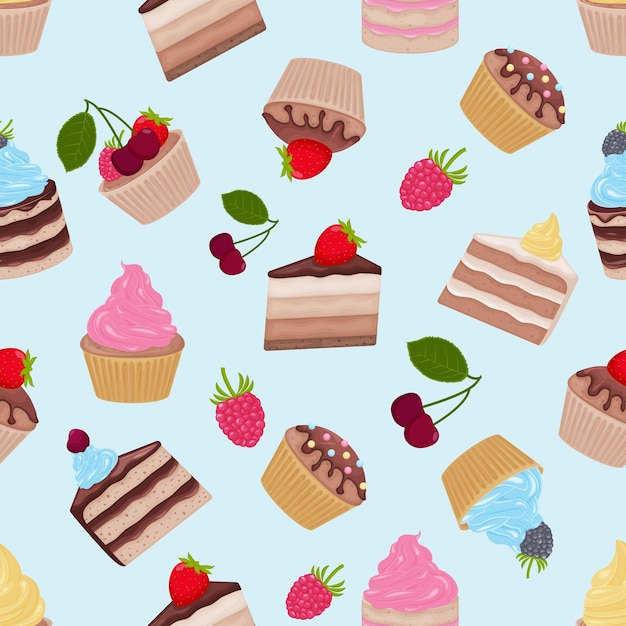 Bolos Padrão sem costura com a imagem de bolos e cupcakes Um padrão de sobremesa doce Padrão para impressão e embalagem Ilustração vetorial