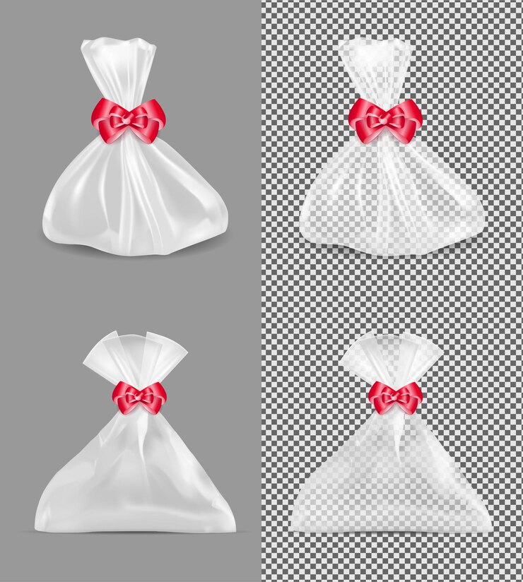 Vetor bolsa de presente transparente com fita vermelha e laço