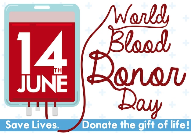 Vetor bolsa de sangue e mensagem com tubo para o dia do doador de sangue