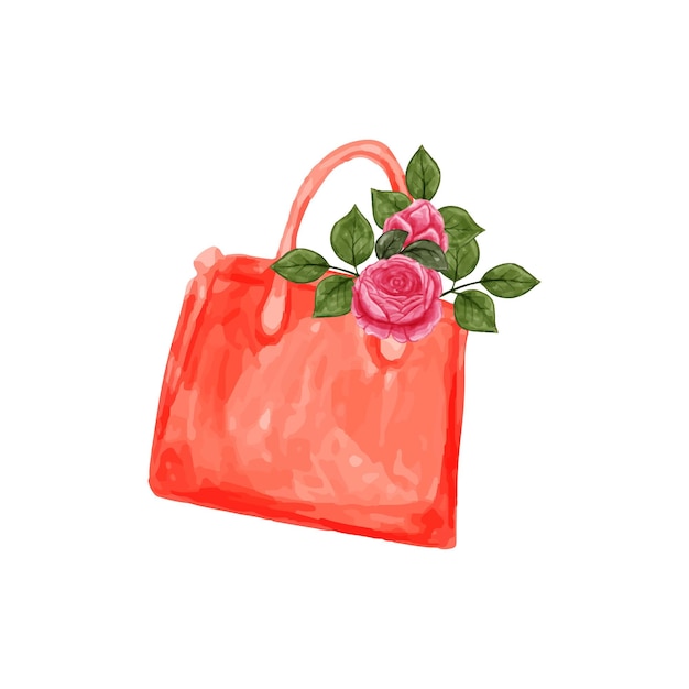 Bolsa e buquê de flores com aquarela