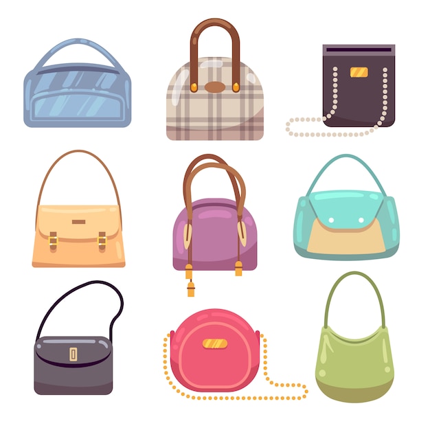 Bolsas coloridas das senhoras, coleção do vetor dos acessórios da mulher. bolsa de luxo, ilustração feminina saco acessório