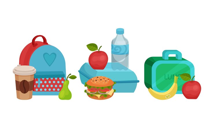 Vetor bolsas de almoço escolares e caixa de almoxo com hambúrguer, maçã, frutas e conjunto vetorial de bebidas