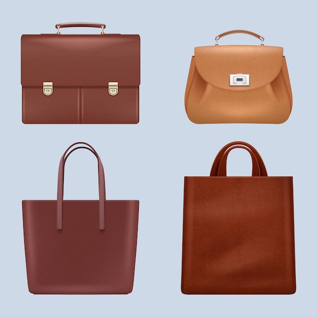 Bolsas de couro pasta de negócios vintage entregando bolsas marrons de luxo acessórios à moda para homens e mulheres ilustrações realistas vetoriais decentes