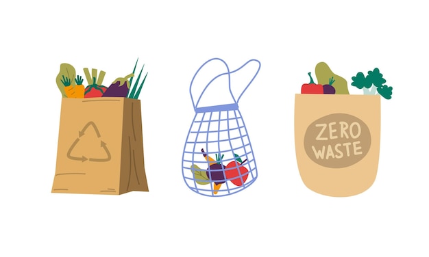Bolsas ecológicas Veganos e alimentos orgânicos Embalagens diferentes de papel e têxteis para produtos naturais Mercado local Estilo de vida saudável e conceito de desperdício zero Set isolado de estilo plano de desenho animado vetorial