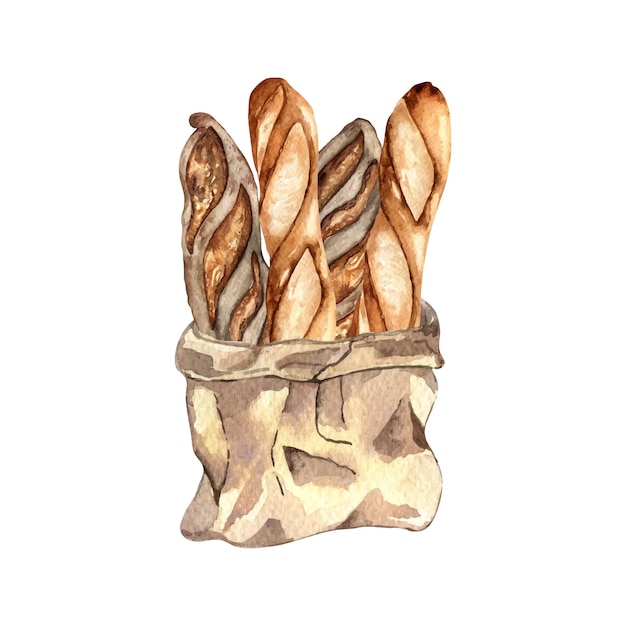 Vetor bolso de papel artesanal com baguete aquarela ilustração isolada em fundo branco bolso de loja de artesanato marrom com pão de centeio desenhado à mão pão pintado elemento para design comércio padaria mercearia