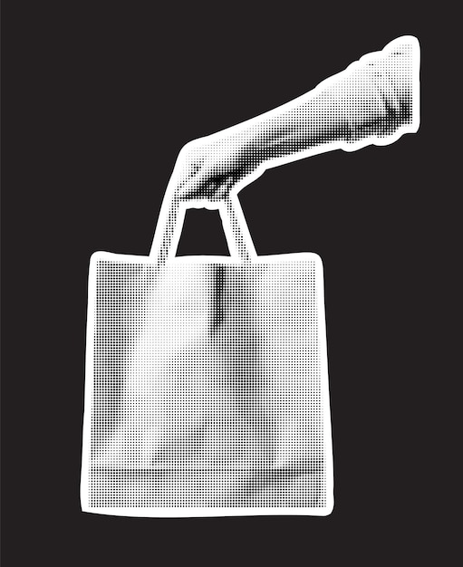 Bolso de papel de compras de mão Elemento de design de colagem Halftone no estilo de revista da moda