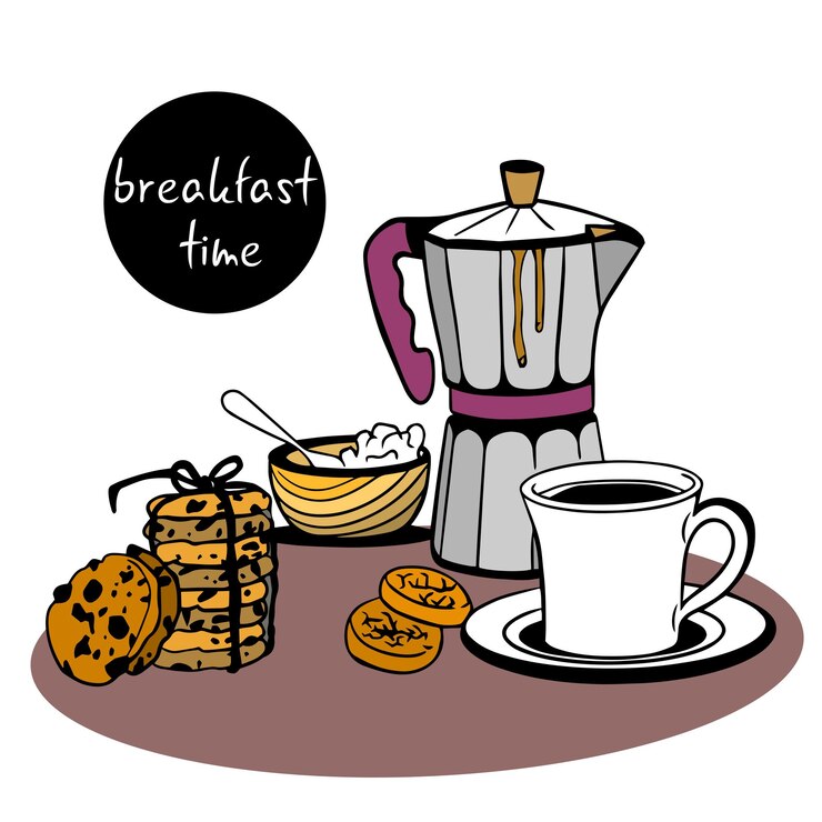 Vetor bom dia com xícara de café e biscoitos de cafeteira são empilhados e amarrados com corda de lona.