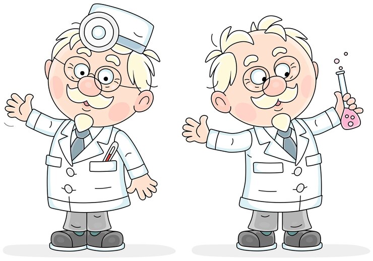 Vetor bom médico idoso em um vestido branco de hospital em duas poses