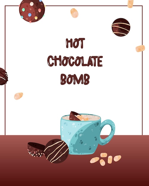 Bomba de chocolate quente com pôster de marshmallow com letras