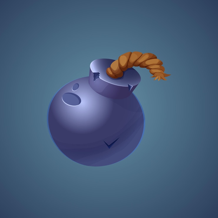Vetor bomba de desenho animado com ativo de jogo de interface do usuário de corda, ícone no estilo cartoon isolado