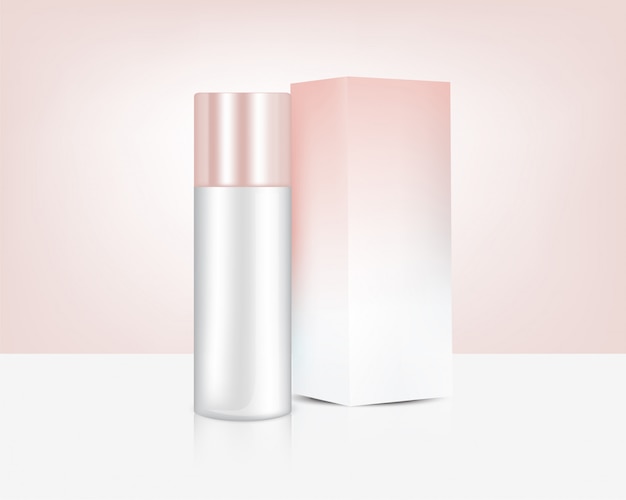 Bomba de garrafa realista Rose Gold perfume sabão cosméticos e caixa para ilustração de produto de pele. Cuidados de saúde e Design de conceito médico.
