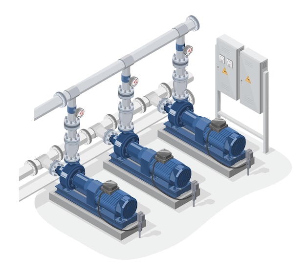 Bombas de água industriais sala de sistema de alta pressão elétrica azul bomba conceito de serviço de manutenção