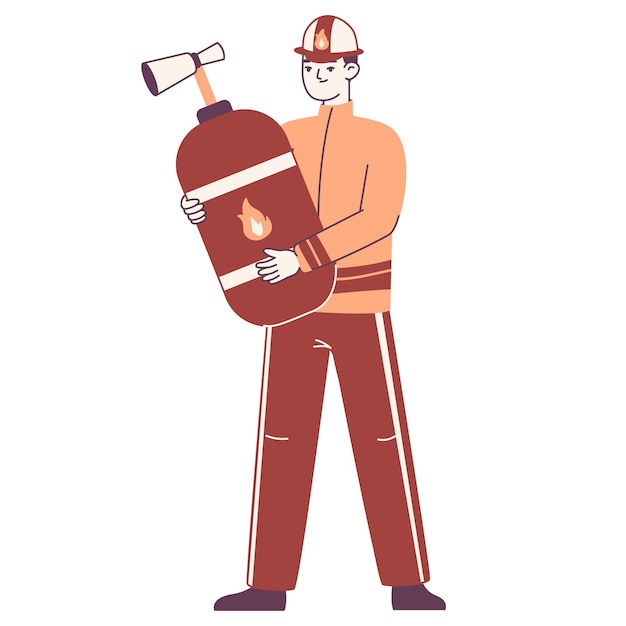 Vetor bombeiro carregando enorme extintor de incêndio trabalhador do serviço de emergência usando capacete e uniforme profissional ilustração vetorial plana em fundo branco