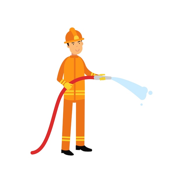 Bombeiro de uniforme laranja e capacete protetor, segurando a mangueira extinguindo o fogo com água. oficial de bombeiro no trabalho. personagem de trabalhador de resgate. herói da cidade. ilustração em vetor isolada no branco.