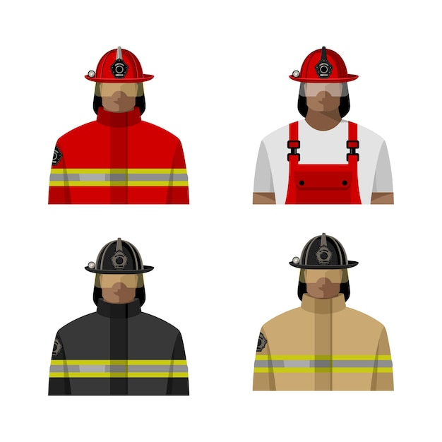 Vetor bombeiros masculinos de uniforme e capacete em cores diferentes imagem colorida isolada ilustração vetorial