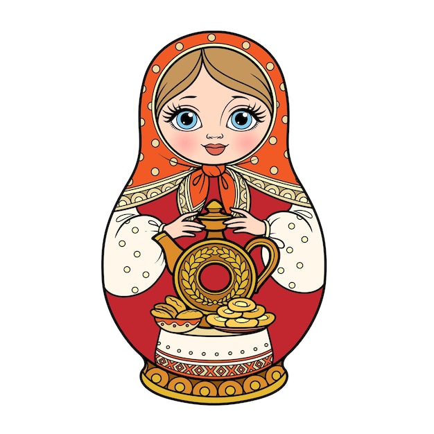 Vetor boneca de ninho tradicional russa matrioshka com jarro de barro para kvass e variação de cor de tortas para colorir página isolada no fundo branco