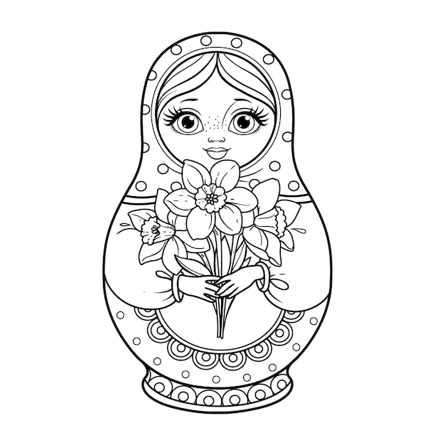 Boneca de ninho tradicional russa matrioshka com um buquê de narcisos na mão para colorir em fundo branco