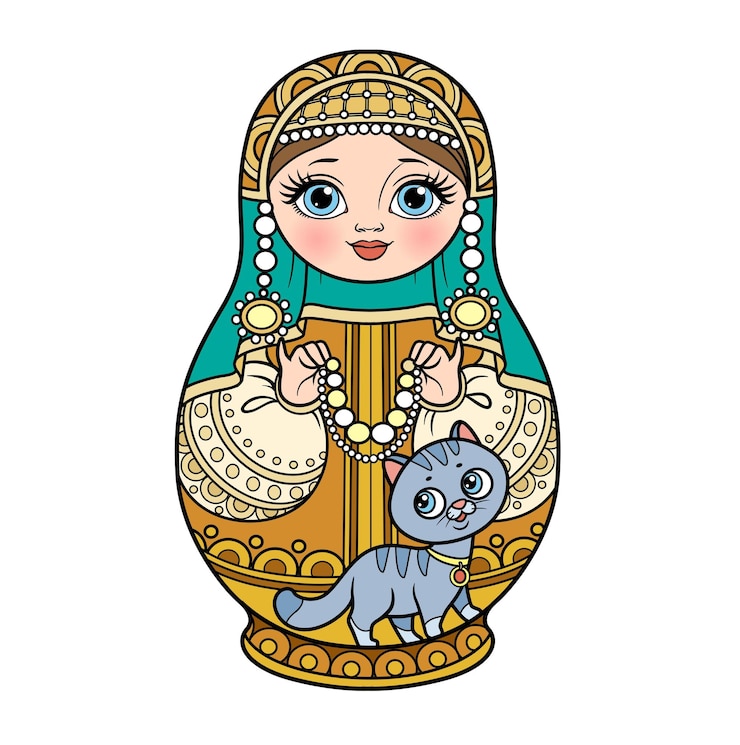 Vetor boneca de ninho tradicional russa matrioshka em um kokoshnik com variação de cor de gato e miçangas para colorir página isolada no fundo branco