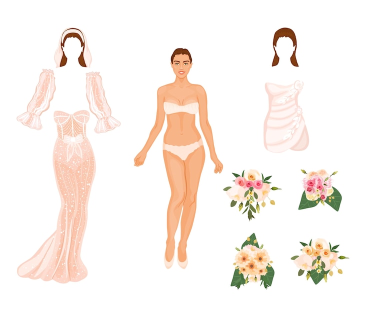 Vetor boneca de papel jovem noiva com vestidos de noiva curtos e longos. criador de personagem de noiva linda.