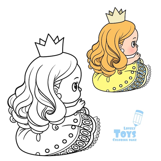 Boneca de princesa de desenho animado fofa delineada e colorida para livro de colorir