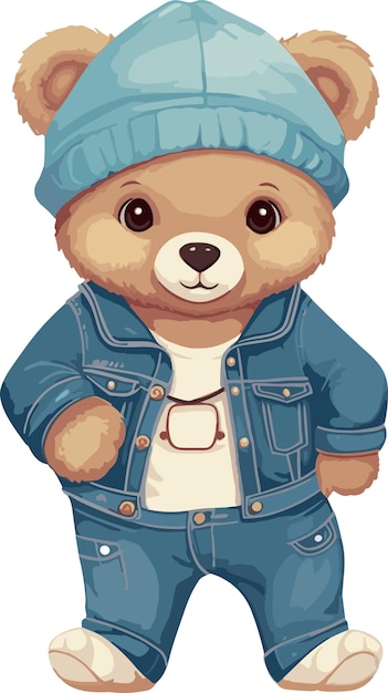 Vetor boneca de urso fofo em ilustração vetorial de estilo de moda jeans