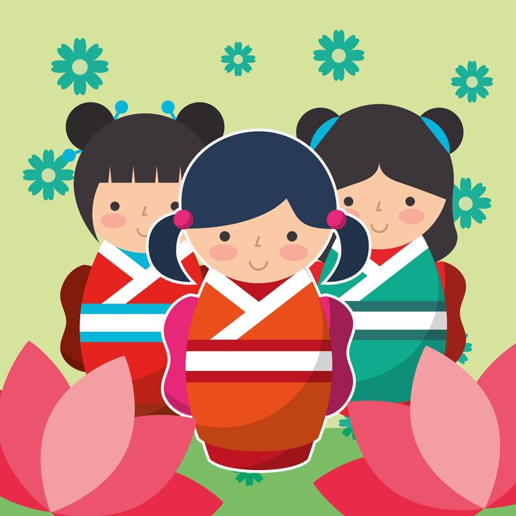 Vetor boneca kokeshi japonesa de giro do grupo em quimono
