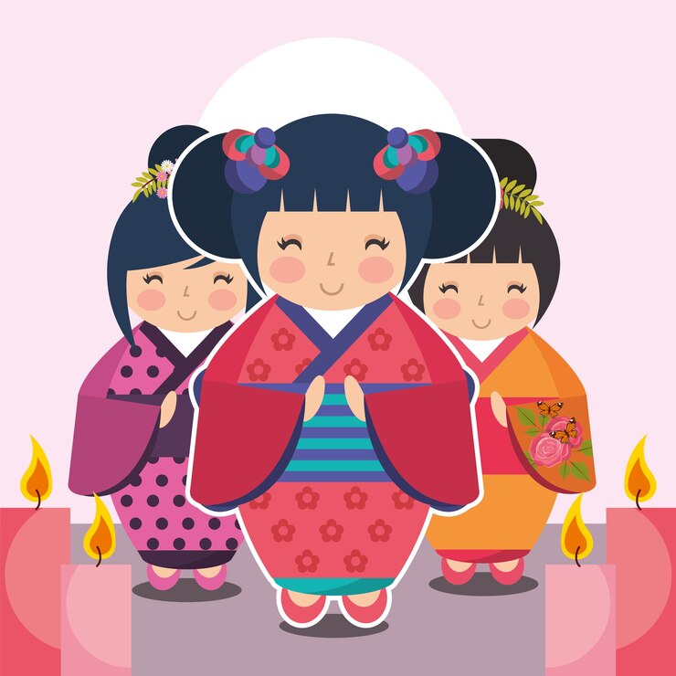Vetor boneca kokeshi japonesa de giro do grupo em quimono
