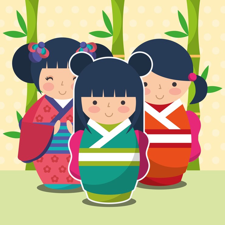 Vetor boneca kokeshi japonesa de giro do grupo em quimono