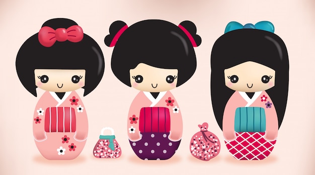 Kawaii Pequenas Bonecas Kokeshi Tradicionais Meninas Japonesas Quimono  Ilustrações Vetoriais imagem vetorial de arizona--dream© 439552022