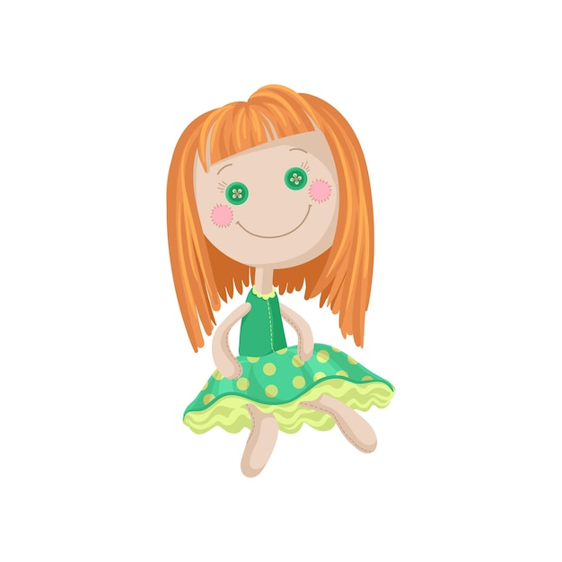 Boneca ruiva macia e fofa em um vestido verde costurando brinquedo dos desenhos animados ilustração em um fundo branco