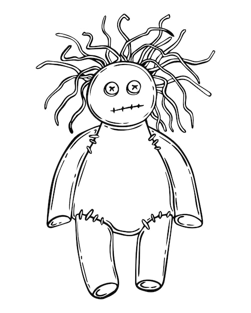 Vetor boneca vodu costurada com cabelos e olhos com botões doodle linear