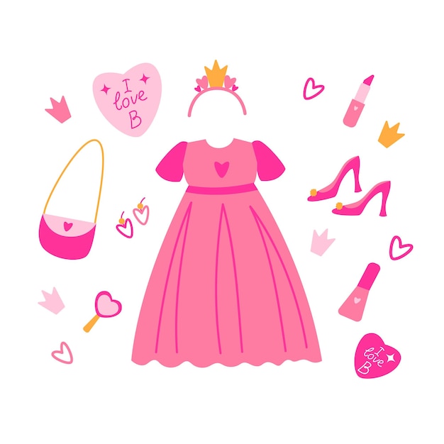 Bonecas cor-de-rosa set acessórios e roupas ícones cor-de-rosa fofos coleção sapatos saco vestido espelho vetor ilustração vetor