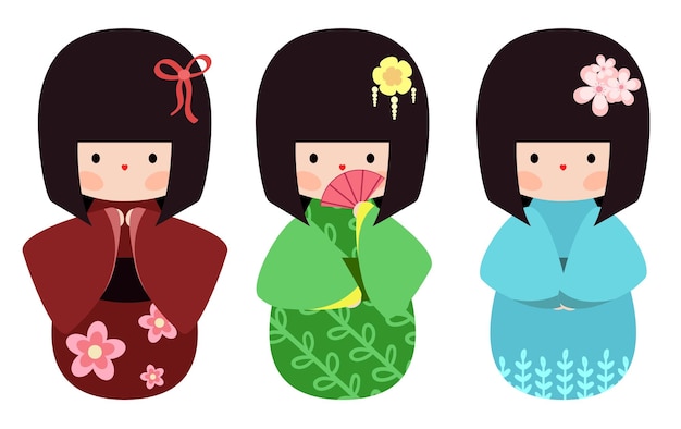 Kawaii Pequenas Bonecas Kokeshi Tradicionais Meninas Japonesas Quimono  Ilustrações Vetoriais imagem vetorial de arizona--dream© 439552022