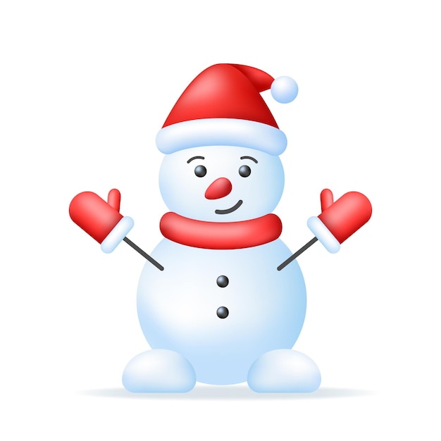 Boneco de neve 3d realista no lenço vermelho do chapéu de cristmas e mitenes símbolo do natal e do ano novo do inverno