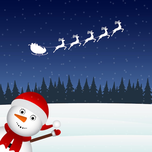 Boneco de neve acompanha Papai Noel na floresta acenando com a mão