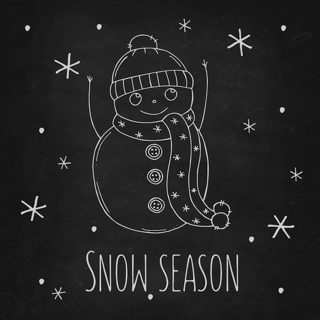 Boneco de neve bonito com flocos de neve em um quadro de giz preto Ilustração vetorial no estilo doodle Humor de inverno Olá 2023 Feliz Natal e Feliz Ano Novo