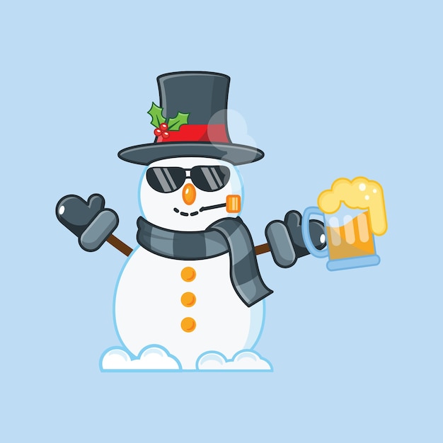 Boneco de neve bonito com fumaça e cerveja. ilustração de natal.