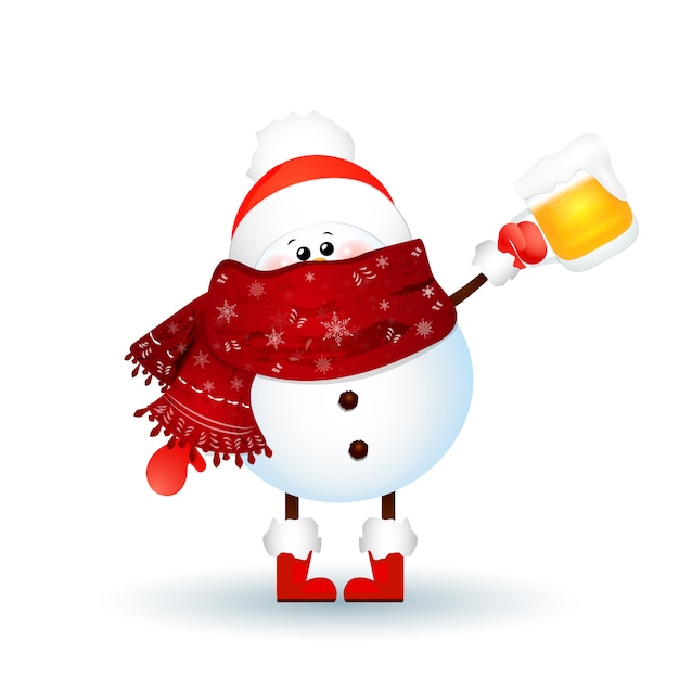 Boneco de neve bonito com lenço, chapéu de papai noel vermelho e segurando uma cerveja isolada no fundo branco. ilustração vetorial